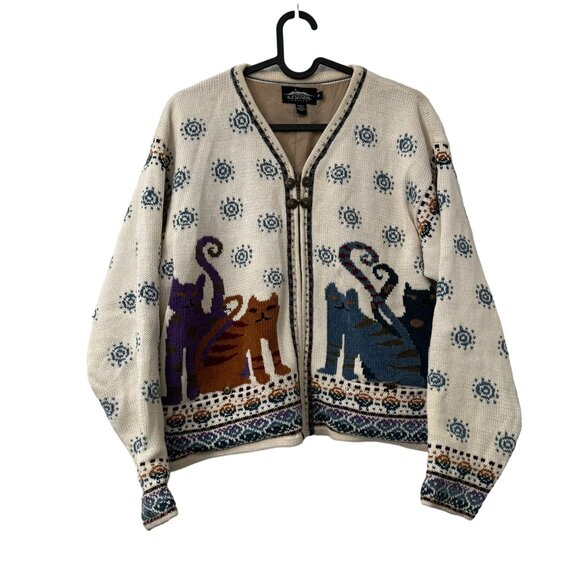 Icelandic Designs Whimsical Cats Colorful Full Zip Cardigan Sweater Size Medium - Picture 1 of 8